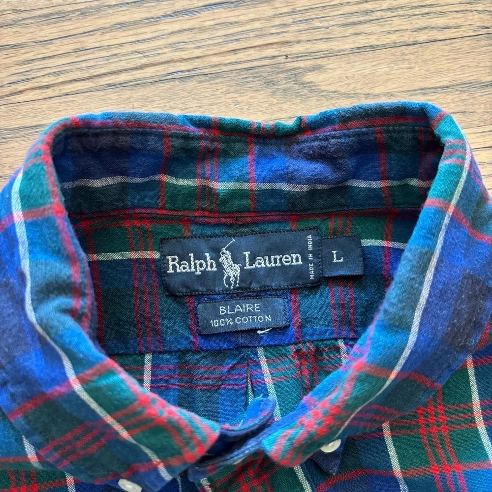 Ralph Lauren Blaire Mens Large Blue Green Red Plaid Button Down‎ Cotton Shirt